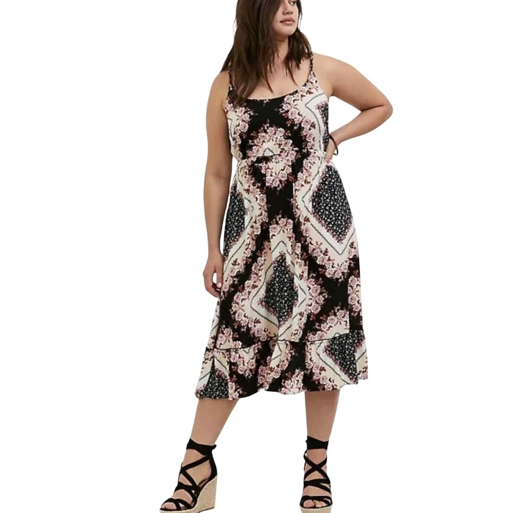Torrid Womens Plus Size 3 Black Floral Bandana Print‎ Ruffle Hem Midi Sundress